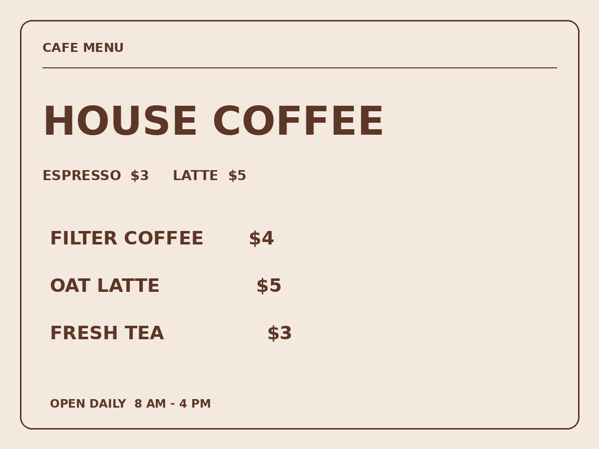 Original synthetic Cafe menu